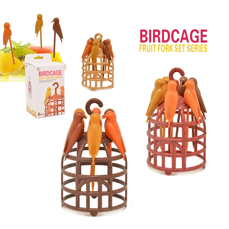 

Clearance Sale 6pcs +1 Stand Fruit Fork Bird Cage Bird Fork Plastic Bird Food Picks Dessert Toothpick with A Bird Cage Christmas
