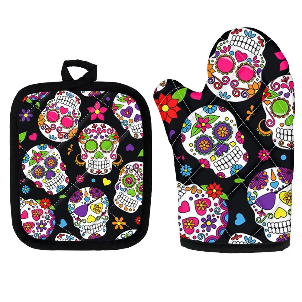 

Kitchen Cooking Microwave Oven Golves Sugar Skull Pattern Print Mitts Pot Pad Heat Proof Protected Set of 2 Pot Holders Non-Slip