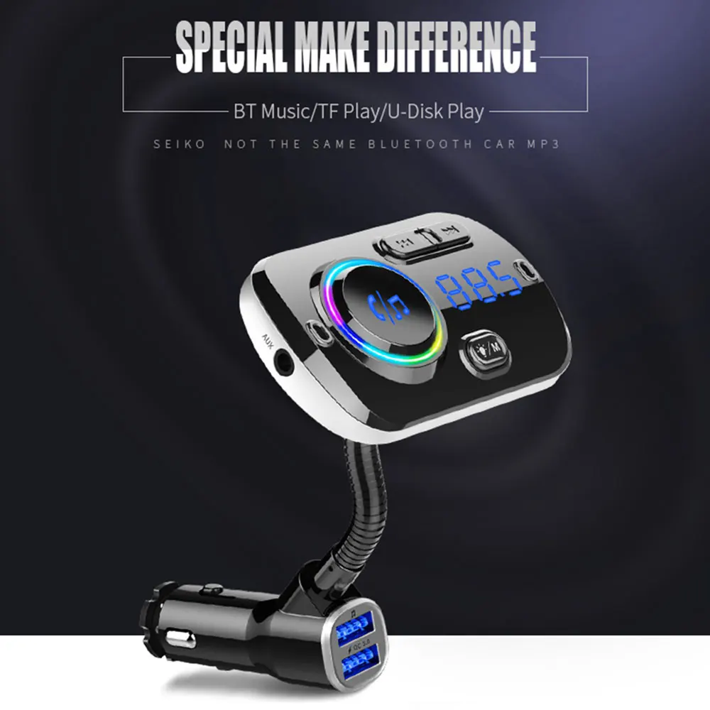 Автомобильный Bluetooth 5,0 плеер FM передатчик QC 3,0 Быстрая зарядка красочный атмосферный светильник дисплей MP3 Громкая связь вызов двойной USB