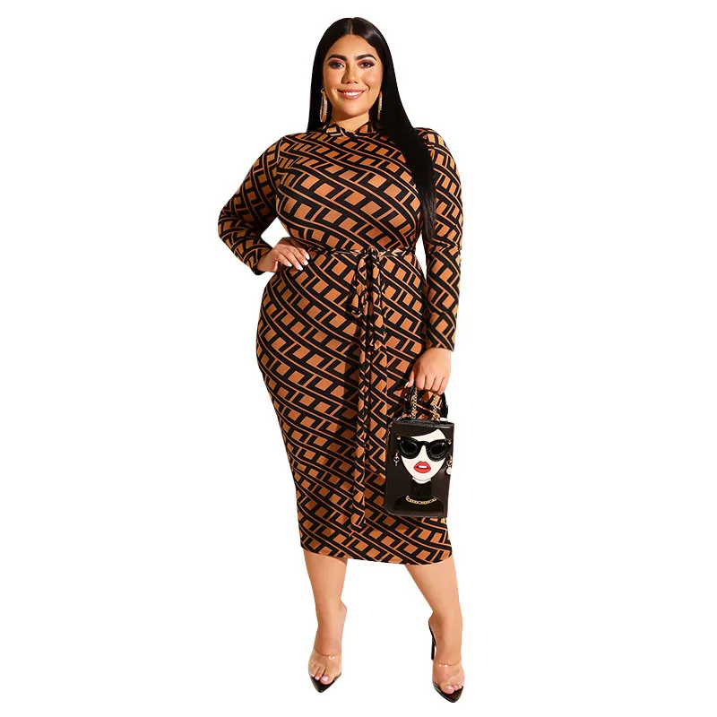 

Printed tight-fitting bag hip zip front and back wearing large size dress bodycon Spring women dress streetwear party clothes