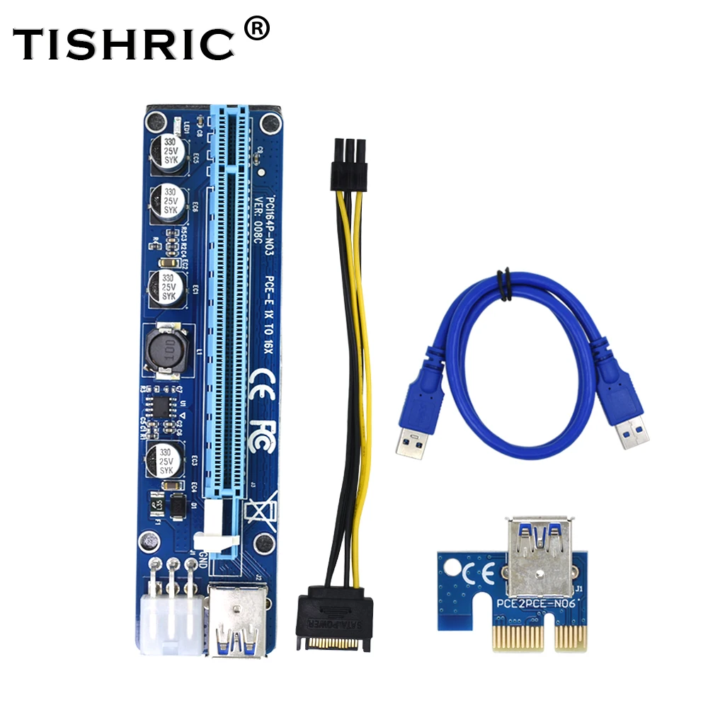 TISHRIC VER 008C Molex 6 Pin PCIE PCI-E PCI Express Riser Card 1X to 16X Extender 60cm USB 3.0 Cable For Mining Bitcoin Miner