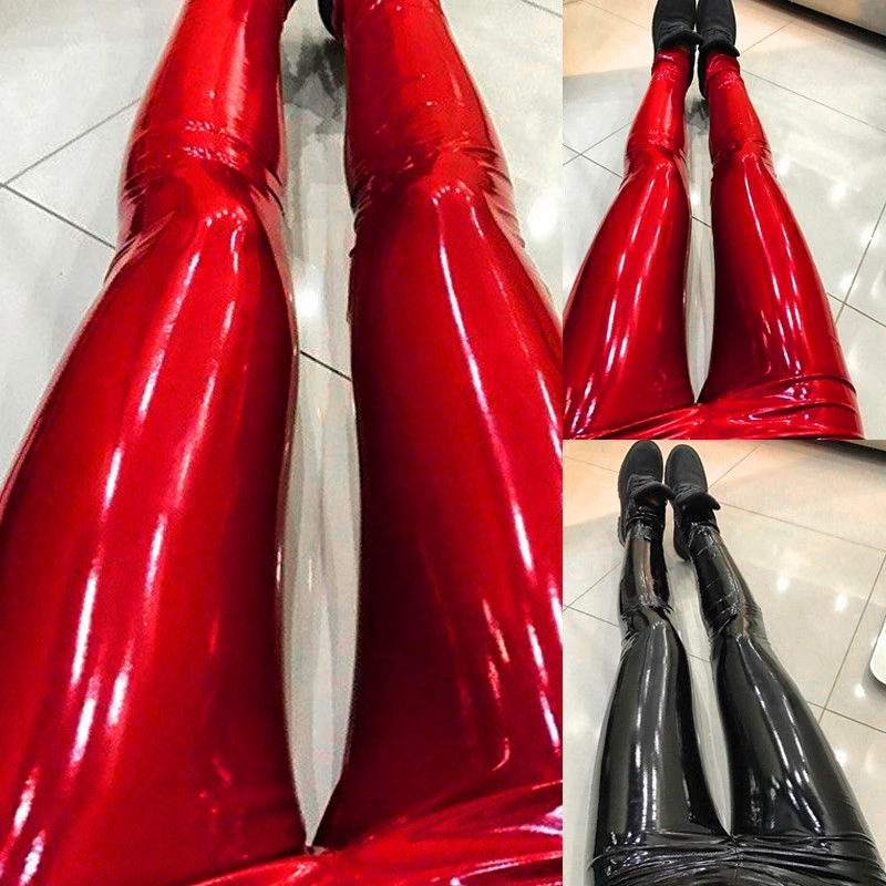 Латексные брюки костюм Леггинсы Стильный резиновый Женский полиуретановый кожаный повседневный обтягивающий черный красный