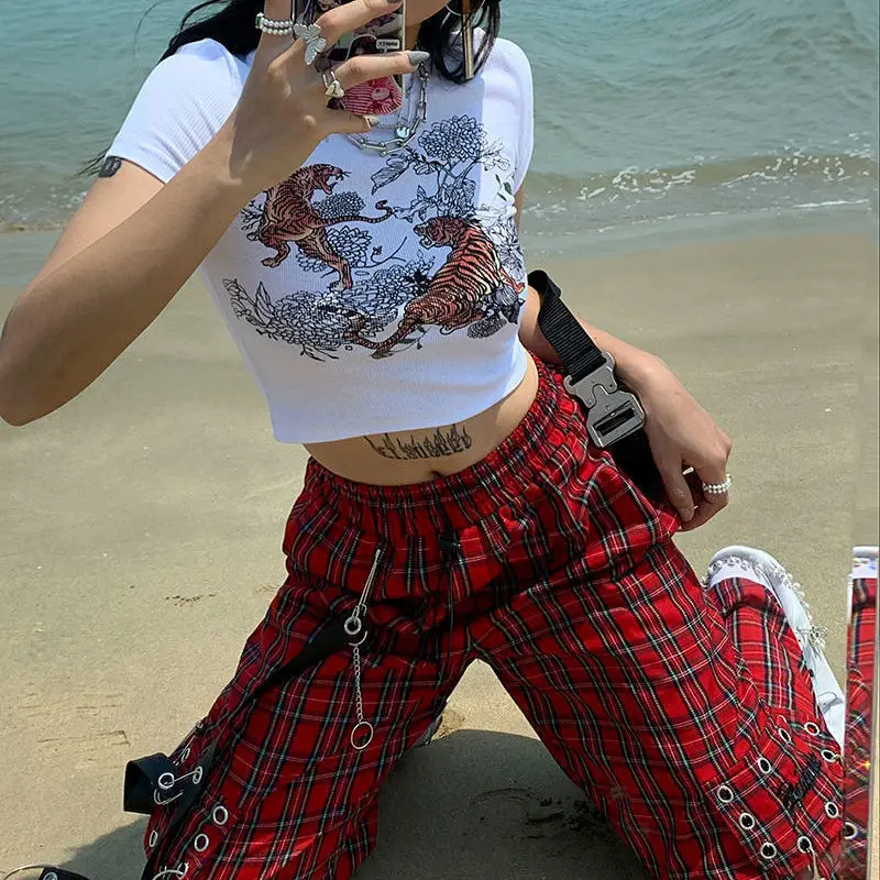 Pantaloni Cargo Punk donna Harajuku pantaloni scozzesi rossi Egirl pantaloni  a scacchi Hip-Hop Streetwear Goth Emo Grunge abiti vita alta - AliExpress  Women's Clothing