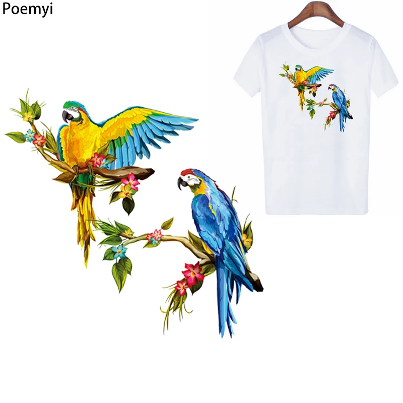 

Poemyi Parrot Bird Iron on Patches for Clothing DIY Flowers Heat Transfers Themal Sticker Applique for Clothes Decoration R