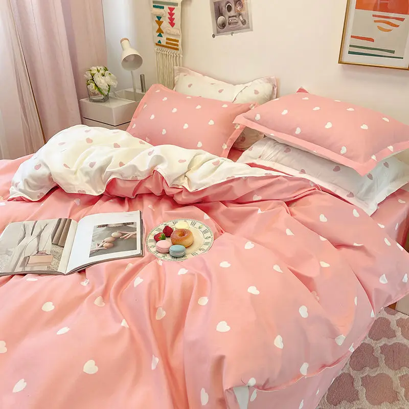 Ins Princess Pink Heart Duvet Cover Home Textile Pillow Case Bed Sheet Kids Girls Bedding Covers Set King Queen Twin Cute Kawaii