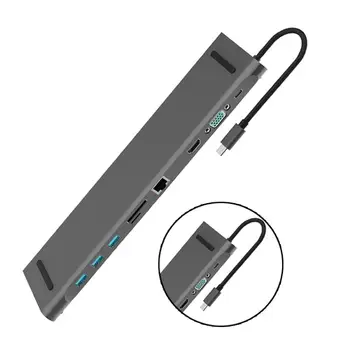 

10 in 1 Type-C to 4K HDMI RJ45 USB 3.0 VGA 3.5mm Audio Port Hub Adapter Dock For PC Windows Macb Computer Accessories