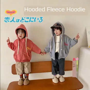 

Autumn Winter Boys and Girls Hoodie Korean Casual Children Cotton Plush Short Letter Long Sleeve Zipper Thick Coat 2020