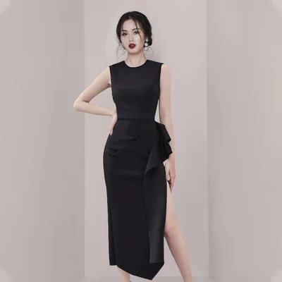 Spring and summer new fashion European and American women's round neck temperament waist slim Slim long dress