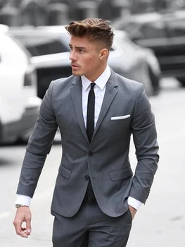 Tanie ANNIEBRITNEY Szary 2 Sztuka Slim Fit Mężczyźni Garnitur Szyte Na Miarę Groom Smoking ślubny 2 Sztuka Prom ślub Biznes Mężczyźni Komplet Garniturów