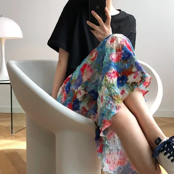 

Oil Painting Maxi Skirt Women Summer 2020 Wrinkle Texture Elastic Waist Floral A- Line Skirt