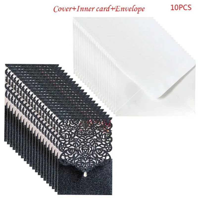  10pcs Laser Cut Glitte Rose Invitations Card with Rhinestone Kits Wedding Party - 4000430095527