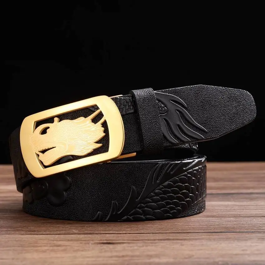 Men gold dragon head fivela automática cowskin