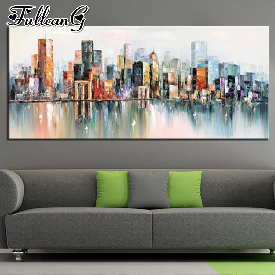 

FULLCANG 5D diy full square/round drill large diamond painting abstract city building landscape mosaic embroidery sale FC1771