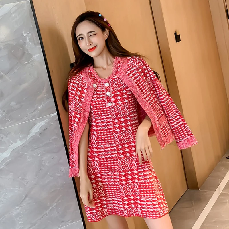 

2019 Fashion Spring Autumn 2PCS Knitted Sets Elegant Short Tassel Tweed Blazer Jacket + Vest Mini Dress Two piece Sets Women