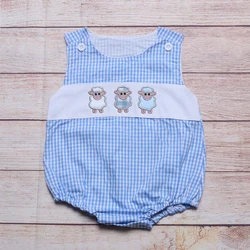 Vêtements d'été pour garçons, Plaid bleu, sans manches, trois moutons, motif brodé, barboteuse de pâques pour tout petits 
