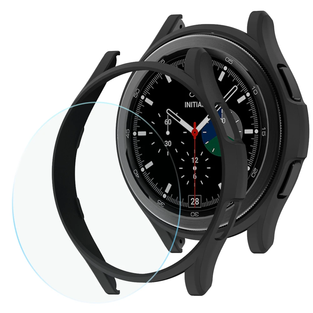Glass+Case for Samsung Galaxy Watch 4 Classic 42mm 46mm,PC Matte Cover All-Around Protective Bumper Shell for Galaxy Watch4