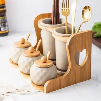 

5 Pcs Durable Mutil-use Unique Double Layer Rack Wooden Rack Spice Jar for Home