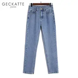GECKATTE/джинсы-шаровары в Корейском стиле; цвет синий, черный; женские повседневные Прямые джинсовые брюки длиной до щиколотки; Женская