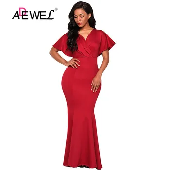 

ADEWEL Red Floor Length Mermaid Dress Sexy Red Off Shoulder Maxi Evening Party Dress Women Elegant Long Bodycon Club Dres
