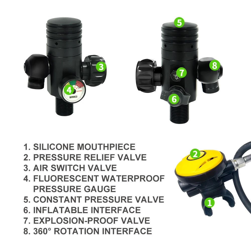 Smaco Дайвинг оборудование мини дайвинг кислородные части головки цилиндров s400 плюс респиратор редукционный клапан с Резьбой Клапан