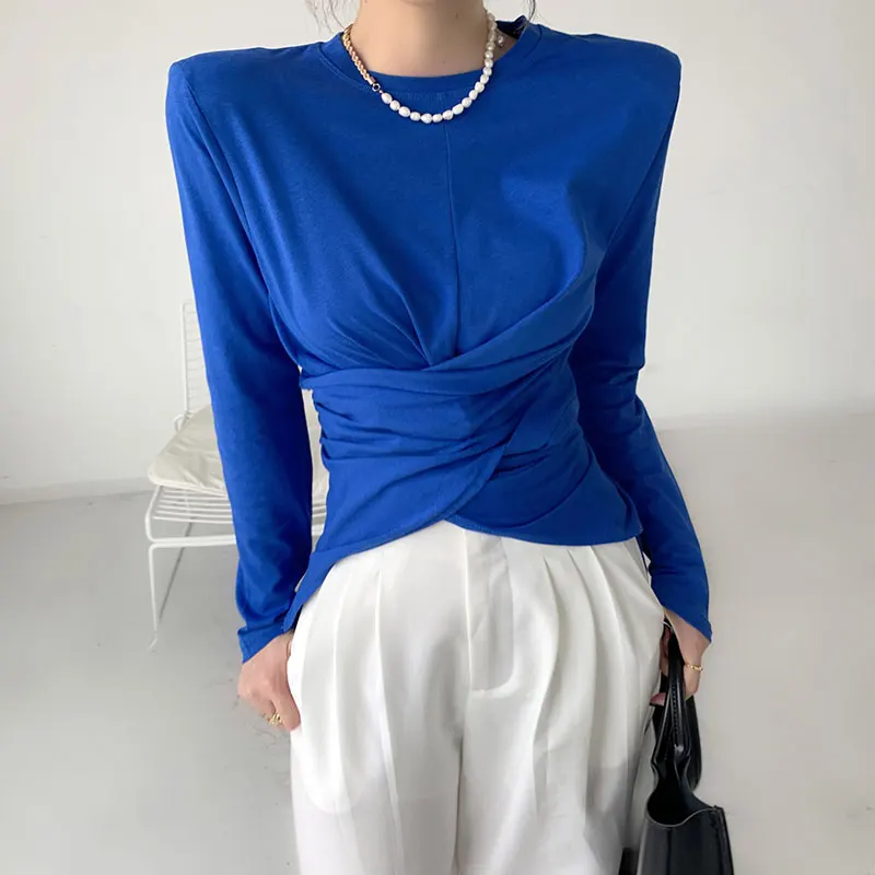 

gkfnmt Korean Style Ruched Irregular T Shirt For Women O Neck Long Sleeve Solid Cross T Shirts Females Spring Autumn Fashion