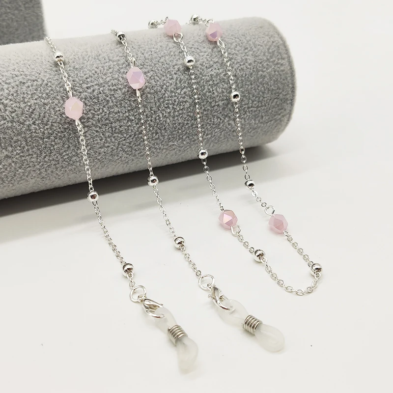 Eyeglasses Chain White Pink Crystal Charm Bead Chain Metal Plated Silicone Loops Sunglasses Accessory Women Necklace Gift
