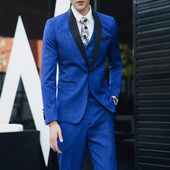 

Suit Set Three-piece Pattern Suit Large Size Casual Gentleman Blue Suit (jacket + Vest + Pants)