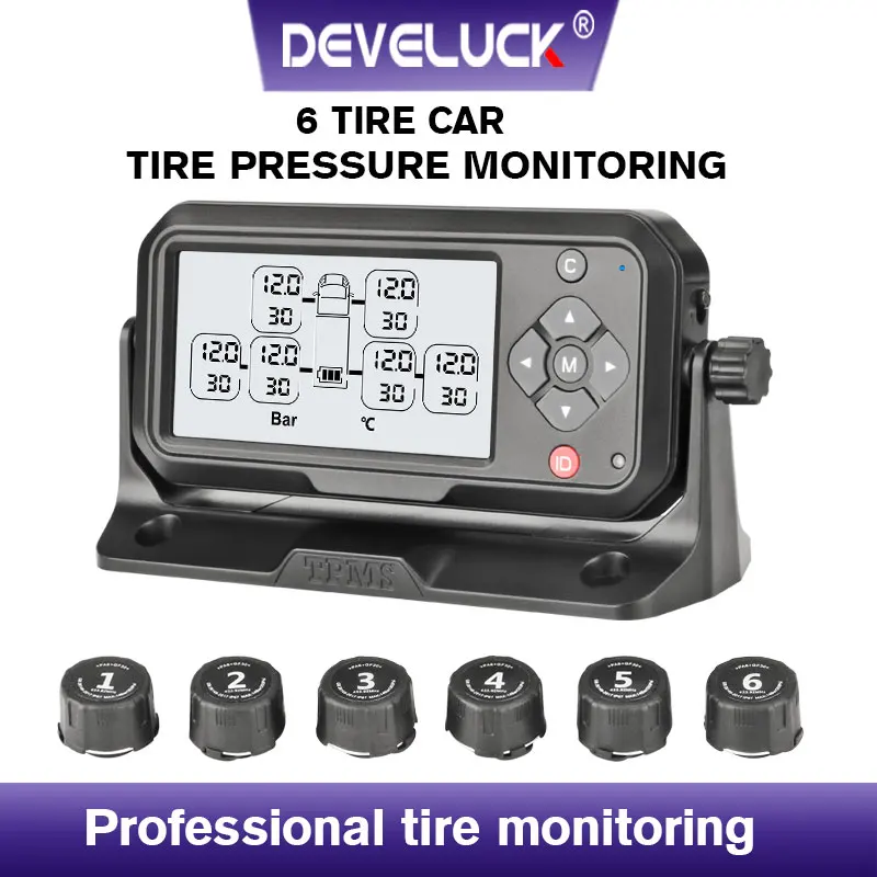 

Truck TPMS Tire Pressure Monitoring System Power Digital Car Safety Alarm System 203 PSI 14 Bar Pressure Value 6 Wheel Sensor