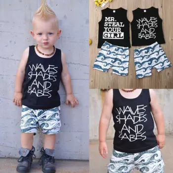 

2019 new newborn baby toddler boy clothes letter vest top + printed shorts 2Pcs summer baby boy clothes set