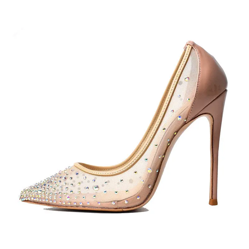 

Stylish See Through High Heels Pumps Glittering Crystal Mesh Dress Shoes Stiletto Heels Pointed Toe Popular Celebrating Shoes