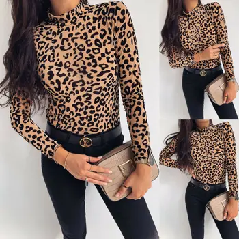 

2019 Autumn Fashion Women Leopard Printed Shirts Office Lady's Blouse Standing Collar Long Sleeves Universal Slim Shirts Tops