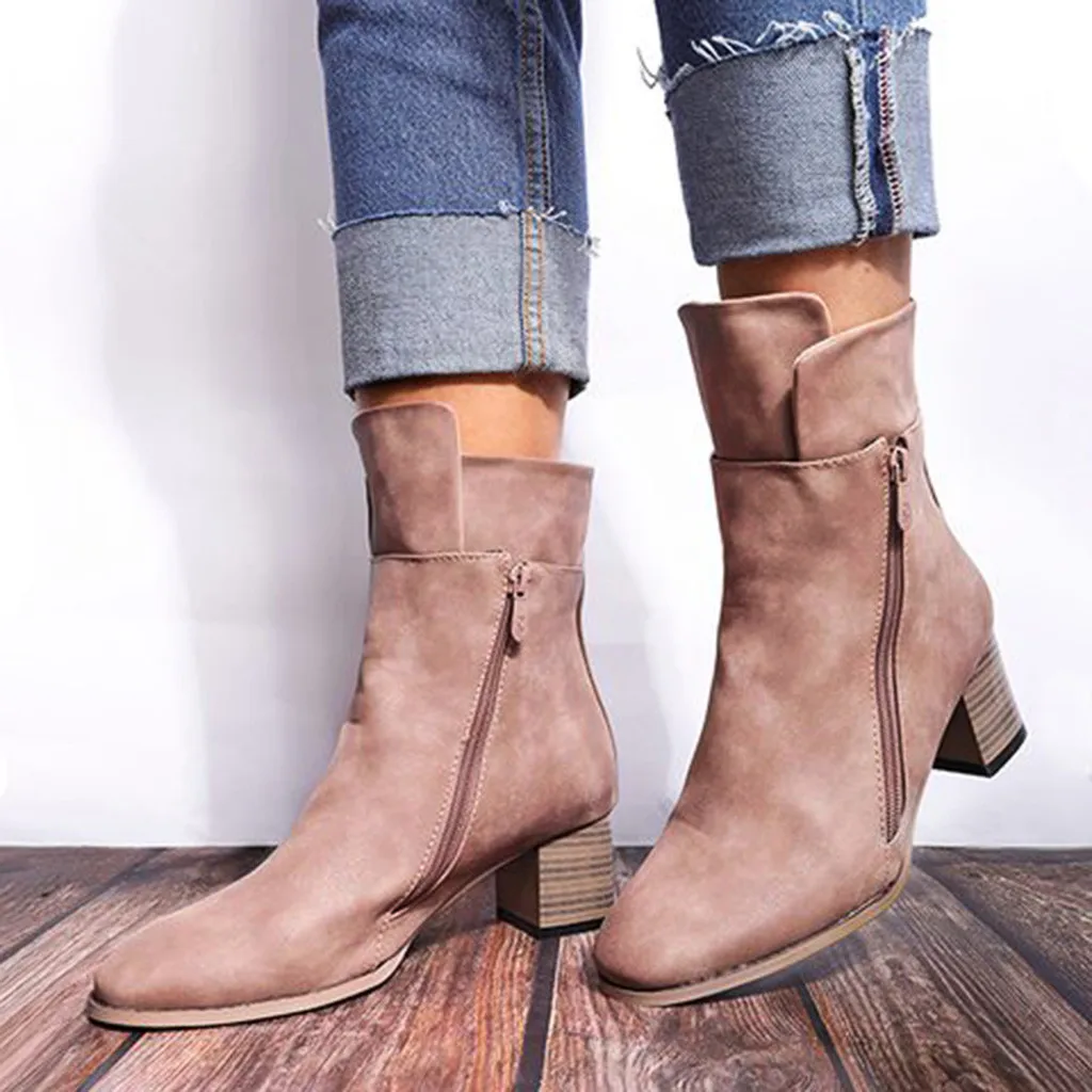 

Women's Short Boots Side Zipper Casual High Heel Shoes Pointed Retro Ladies Boot 2019 Autumn Casual Vintage Square heel Boots