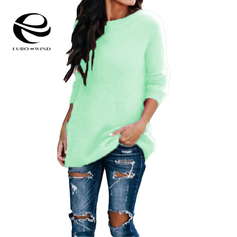 Плюс размер 5XL осень зима Повседневный длинный рукав Однотонный свитер с круглым вырезом Женская Повседневная Свободная свитера Топы модная женская одежда - Цвет: Зеленый