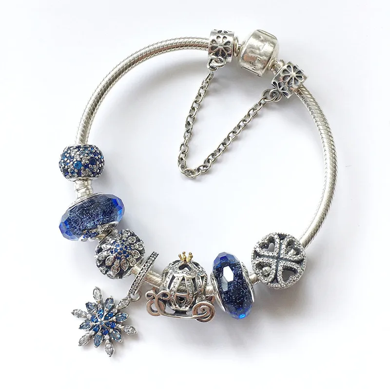 925 пробы, серебро, Кристаллизованная застежка в виде снежинки, цепочка в виде змеи, базовый Pan, браслеты, браслет, подходит для женщин, бусины, шарм, сделай сам, ювелирное изделие