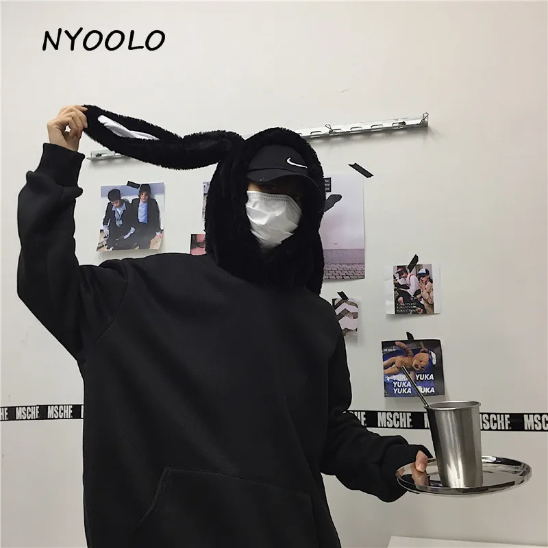 NYOOLO Harajuku стиль Свободные толстовки с заячьими ушками осень зима плюс бархат длинный рукав с капюшоном Пуловеры Толстовка для женщин и мужчин топы