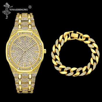 

Men Gold+Silver Watch Waterproof Hip Hop Bracelet Crystal Miami Iced Out Cuban Link Chain For Male Braclete Pulsera New 2019