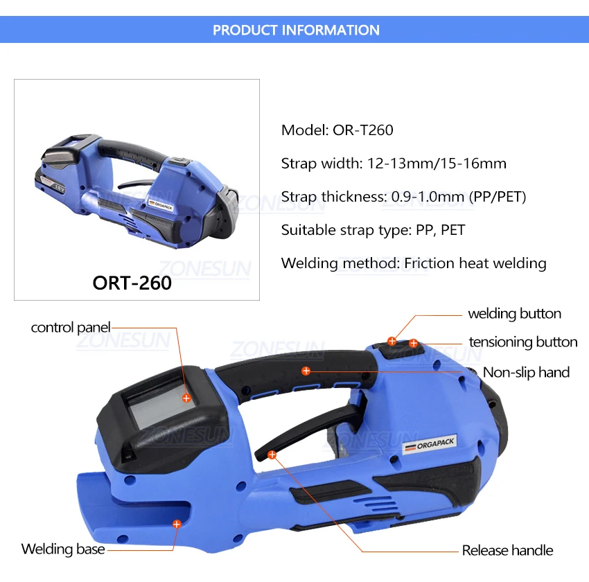 ZONESUN ОРТ-260 Швейцарский изготовленный на батарейках пластиковый крепежный инструмент ПП/ПЭТ обвязочная машина автоматический комбинированный обвязочный инструмент