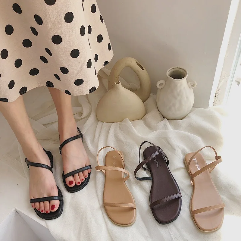 

A- line CHIC Cool Shoes Korean Style with Versatile Simple Women's 2019 Flat Heel Peep-Toe Shoes Soft Bottom Viscose Shoes Rome