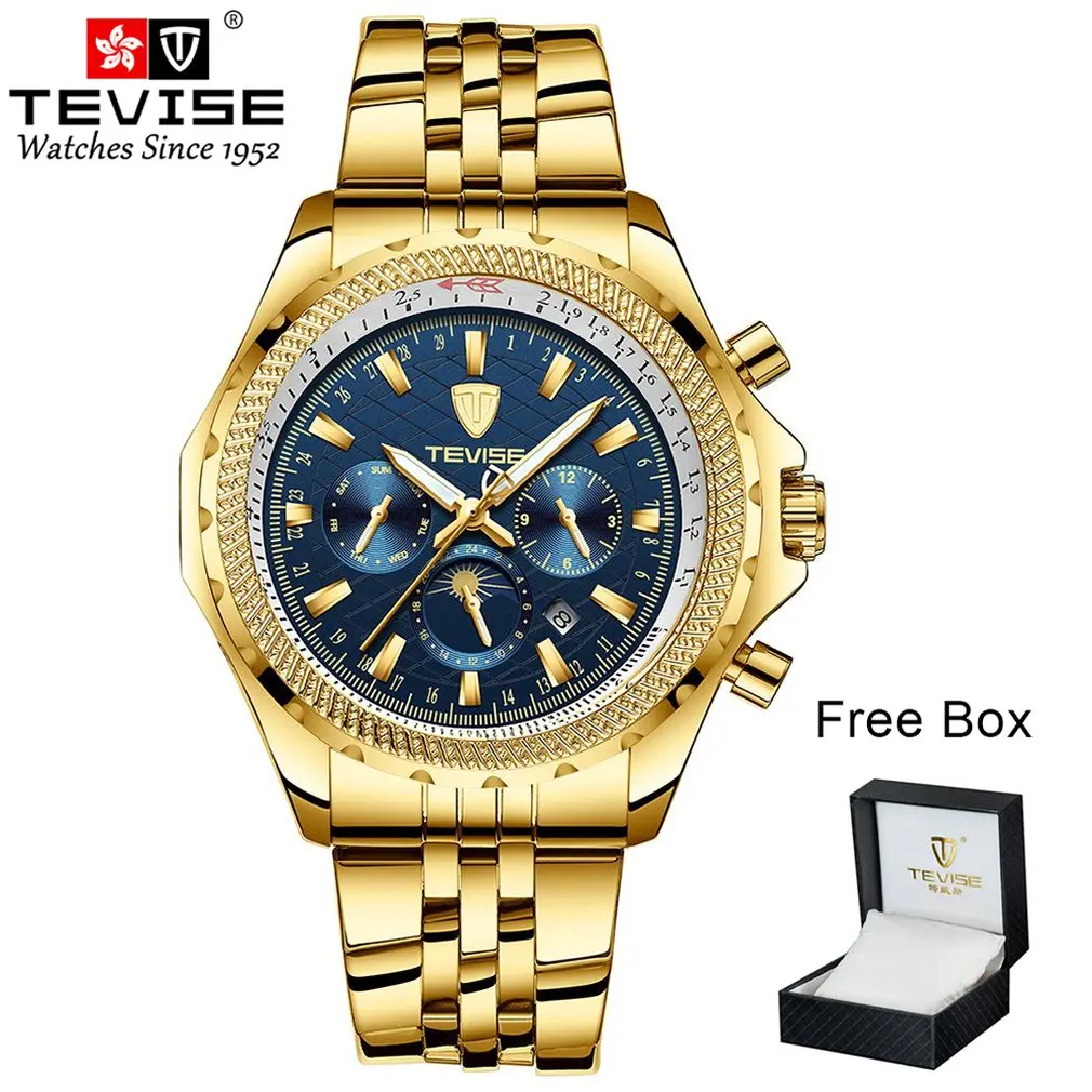 TEVISE Men's Six-pin Mechanical Watch Stainless Steel Belt Box Packaging Luminous Watch Waterproof Solid Belt