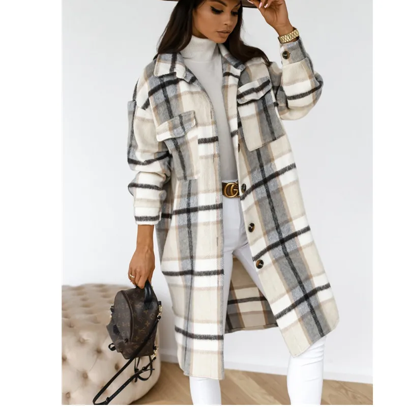 

Women's Fashion Long Plaid Coat Wool Blend Autumn Shirt Coat Woolen Coat Winter Women Clothing Loose Casual Lapel Ladies Blends