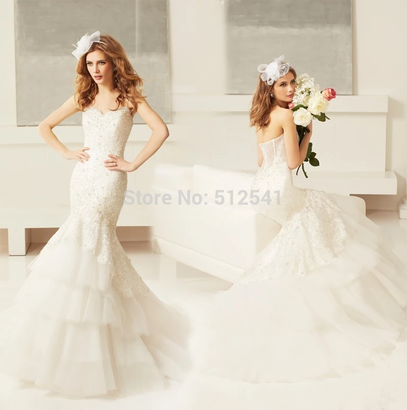 

2018 Charming Mermaid Trumpet Sweetheart Wedding Dresses 2019 Lace Applique Beads Sequin Layers Bridal Gowns vestido de noiva