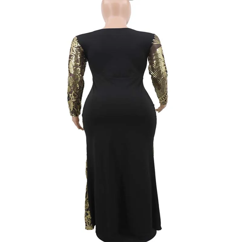 Elegant Sequins Evening Party Dress Women African Clothes Bodycon Dress Autumn Vintage Long Sleeve Long Maxi Dress Robe