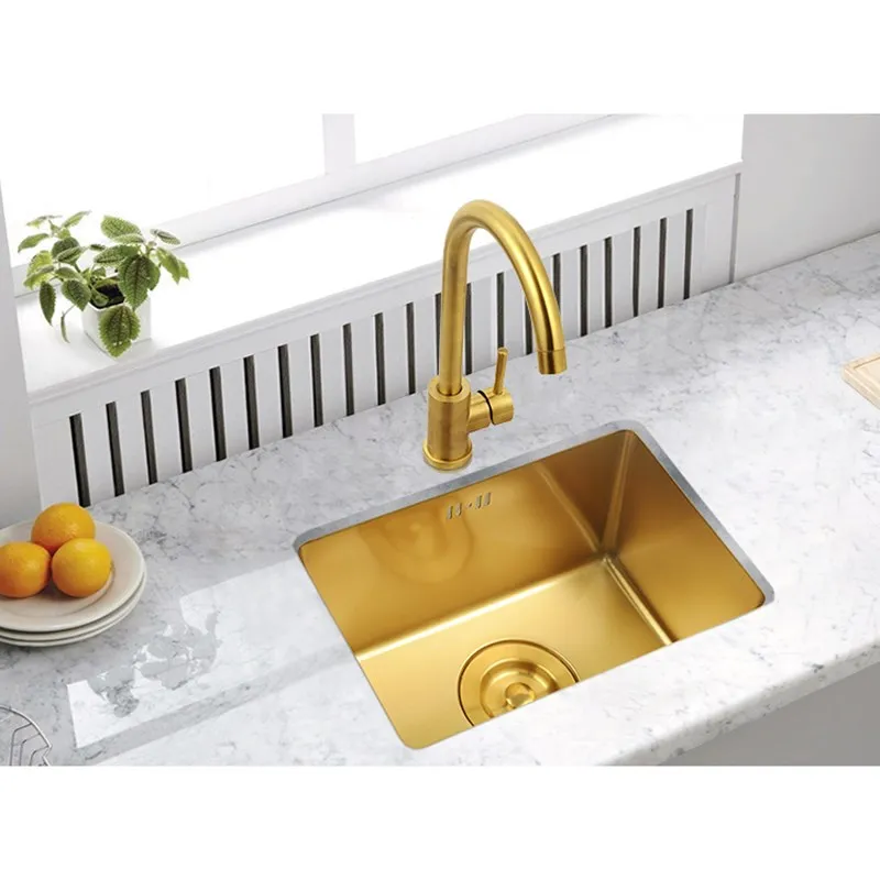 AQJD Brushed Gold Single Bowl Stainless Steel Kitchen Sink Drop in Kitchen Hardware 18 inch Square Undermount Kitchen Sink