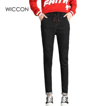 

Casual women jeans Drawstring spring elastic waist denim pencil pants high waist jeans women's trousers Harem Pants WICCON