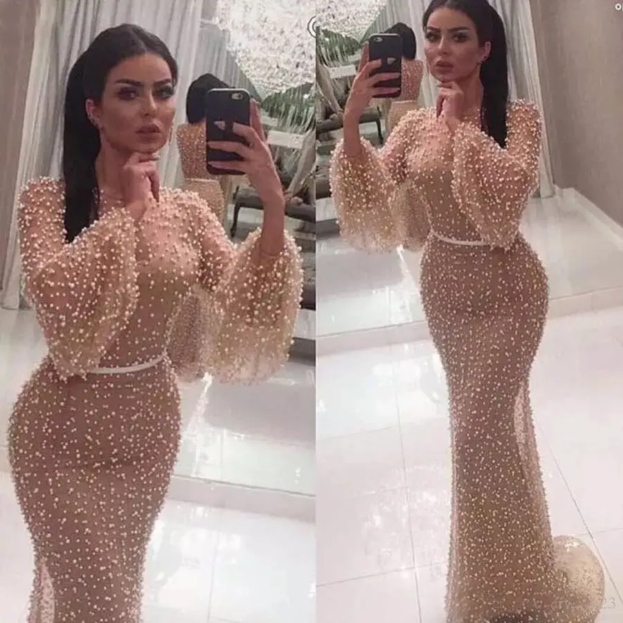 

Hot Sale Pearls Mermaid Evening Dress 2019 Sheer Long Sleeves Prom Dresses Beige Gray Luxury Beads Pageant Party Gowns Custom