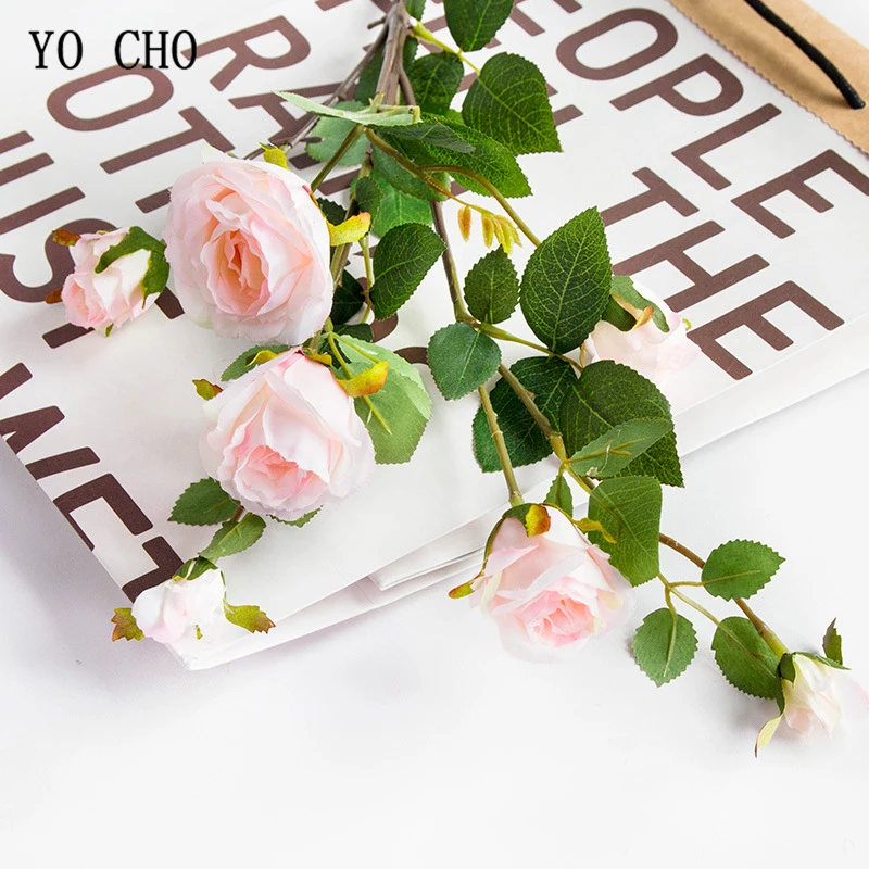 light-pink YO CHO Букет Искусственный шелк розы 7 цветок с головками Свадебный букет свадебные вечерние товары для цветов Свадебные украшения - Цвет: light-pink
