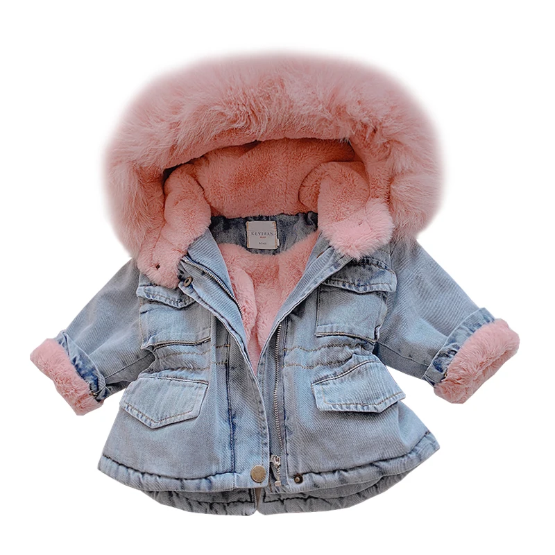 Осень-зима для маленьких девочек Джинсовая куртка плюс бархат реального шубка на меху для малышей, Верхняя одежда, пальто для девочек 1-5Years детская, для новорожденных девочек куртка-парка