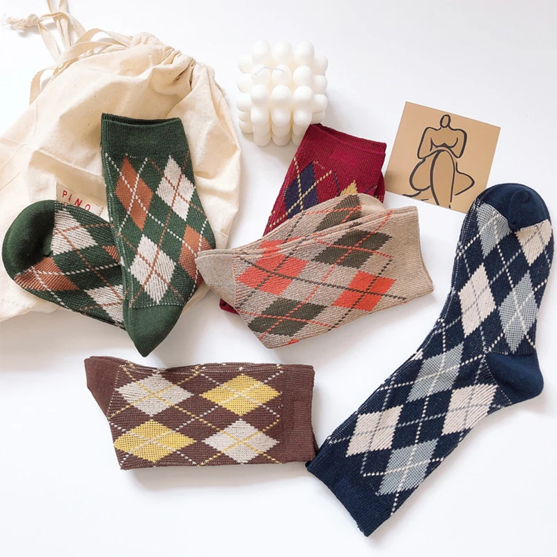 Женские носки в британском стиле с двойной иглой, женские носки с ромбовидной сеткой, ручная работа, толстые носки с нитью, Harajuku Femal