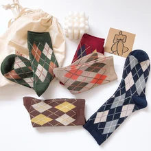 Женские носки в британском стиле с двойной иглой, женские носки с ромбовидной сеткой, ручная работа, толстые носки с нитью, Harajuku Femal