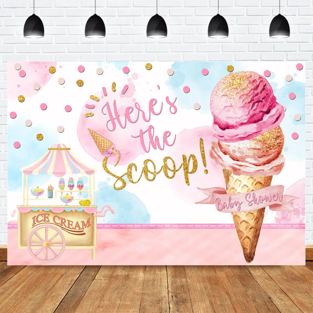 Ice Cream Baby Shower Background for Photo Studio Dessert Shoppe Newborn Birthday Photography Backdrop Pink Here's the Scoop |